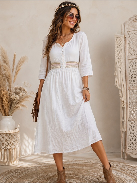 Dresses & Skirts - Women’s White Boho Peasant Midi Dress 2XL Embroidered Empire Waist Cottagecore
